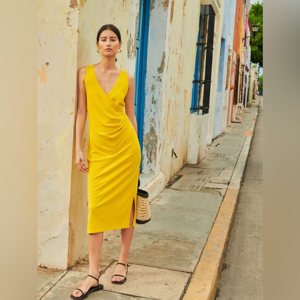 Nation LTD Melrose Ruched Sleeveless Cotton Midi Dress Sulphur V-Neck MEDIUM